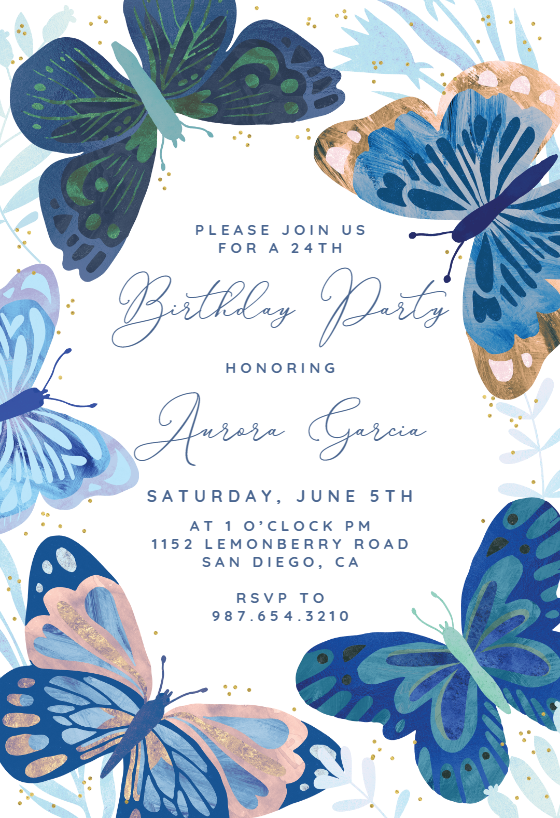 Blue Butterflies - Birthday Invitation Template